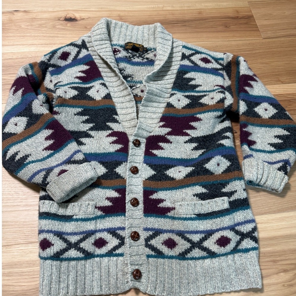Eddie Bauer Cardigan Sweater Mens S Heather Aztec Vintage 80s Wool ChunkyKnit